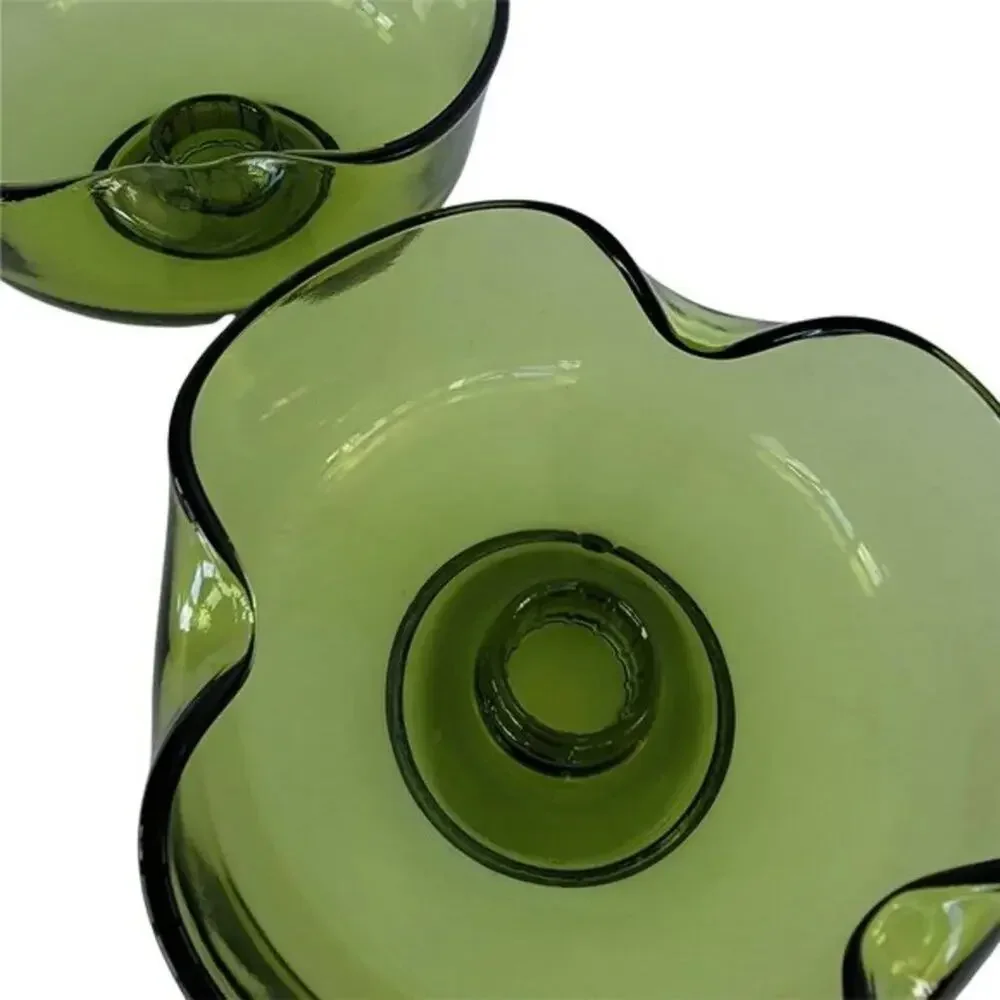 Vintage Green Glass Candle Holders Set of 2 Organic Wavy Retro Decor